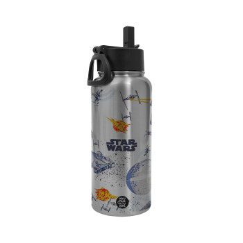 Star wars drawing, Metal mug thermo Silver with Straw and Spout Lid (Stainless steel), double wall, 950ml