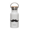 Metallic thermos (Stainless steel) White with wooden lid (bamboo), double-walled, 350ml