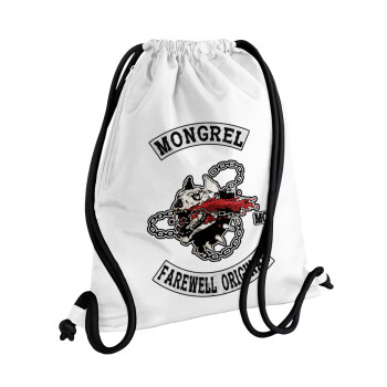 Day's Gone, mongrel farewell original, Τσάντα πλάτης πουγκί GYMBAG λευκή, με τσέπη (40x48cm) & χονδρά κορδόνια