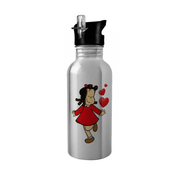 La petite Lulu, Water bottle Silver with straw, stainless steel 600ml