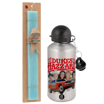 The Dukes of Hazzard, Easter Set, metallic silver aluminum water bottle (500ml) & scented flat Easter candle (30cm) (TURQUOISE)