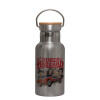 Stainless steel metallic thermos flask, silver with a bamboo lid, double-walled, 350ml.