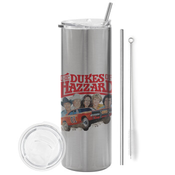 The Dukes of Hazzard, Eco friendly ποτήρι θερμό Ασημένιο (tumbler) από ανοξείδωτο ατσάλι 600ml, με μεταλλικό καλαμάκι & βούρτσα καθαρισμού