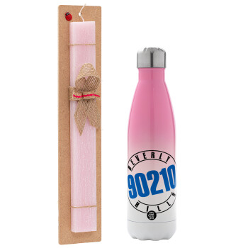 Beverly Hills, 90210, Easter Set, Metallic pink/white (Stainless steel) thermos, double-walled, 500ml & aromatic flat Easter candle (30cm) (PINK)