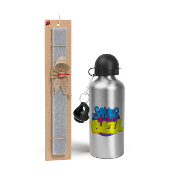 Saved by the Bell, Easter Set, metallic silver aluminum water bottle (500ml) & aromatic flat Easter candle (30cm) (GRAY)