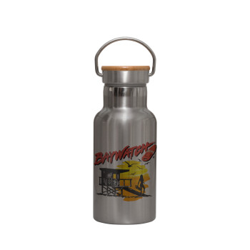 Baywatch, Stainless steel metallic thermos flask, silver with a bamboo lid, double-walled, 350ml.