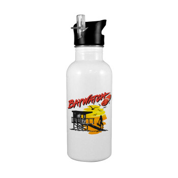 Baywatch, White water bottle with straw, stainless steel 600ml