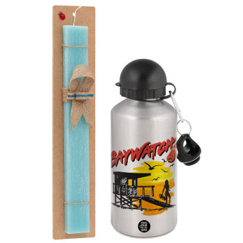 Baywatch, Easter Set, metallic silver aluminum water bottle (500ml) & scented flat Easter candle (30cm) (TURQUOISE)