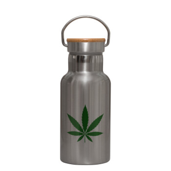 Weed, Μεταλλικό παγούρι θερμός (Stainless steel) Ασημένιο με ξύλινο καπακι (bamboo), διπλού τοιχώματος, 350ml