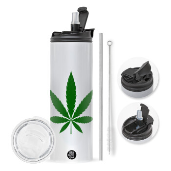 Weed, Travel Tumbler 2 Lids, with metal straw & cleaning brush (Stainless steel 304 Food grade, BPA free, 600ml)