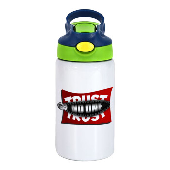 Trust no one... (zipper), Children's hot water bottle, stainless steel, with safety straw, green, blue (350ml)