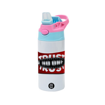 Trust no one... (zipper), Children's hot water bottle, stainless steel, with safety straw, Pink/BlueCiel (360ml) BPA FREE