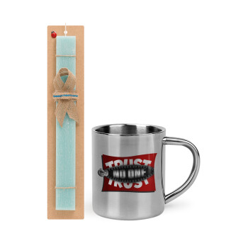 Trust no one... (zipper), Easter Set, metallic thermal cup (300ml) & aromatic flat Easter candle (30cm) (TURQUOISE)