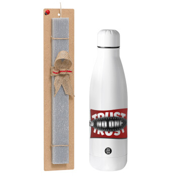 Trust no one... (zipper), Easter Set, metallic Inox water bottle (700ml) & Easter scented flat candle (30cm) (GRAY)