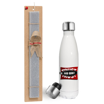 Trust no one... (zipper), Easter candle, metallic white thermos bottle (500ml) & aromatic flat candle (30cm) (GRAY)