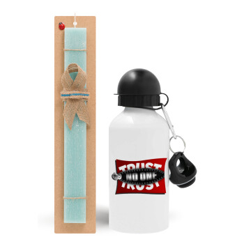 Trust no one... (zipper), Easter Set, metallic aluminum water bottle (500ml) & scented flat candle (30cm) (TURQUOISE)