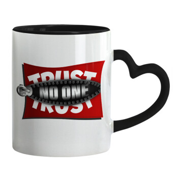 Trust no one... (zipper), Mug heart black handle, ceramic, 330ml