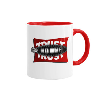 Trust no one... (zipper), Mug colored red, ceramic, 330ml