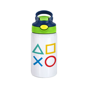 Gaming Symbols, Children's hot water bottle, stainless steel, with safety straw, green, blue (350ml)