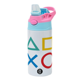 Gaming Symbols, Children's hot water bottle, stainless steel, with safety straw, Pink/BlueCiel (360ml) BPA FREE