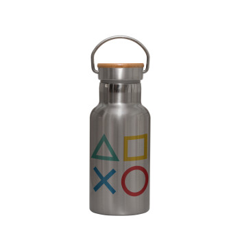 Gaming Symbols, Stainless steel metallic thermos flask, silver with a bamboo lid, double-walled, 350ml.