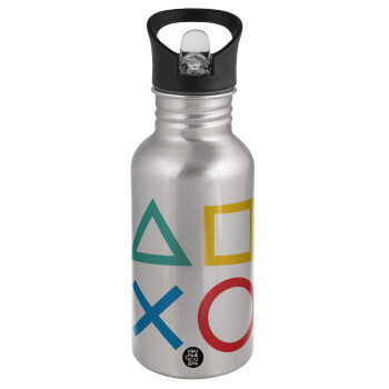 Gaming Symbols, Water bottle Silver with straw, stainless steel 500ml