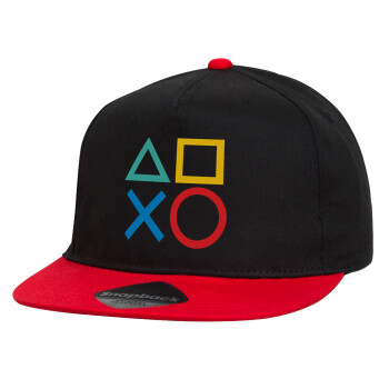 Gaming Symbols, Children's Flat Snapback Hat, Black/Red (100% COTTON, CHILDREN'S, UNISEX, ONE SIZE)