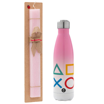 Gaming Symbols, Easter Set, Metallic pink/white (Stainless steel) thermos, double-walled, 500ml & aromatic flat Easter candle (30cm) (PINK)