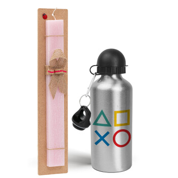 Gaming Symbols, Easter Set, metallic Silver aluminum water bottle (500ml) & scented flat Easter candle (30cm) (PINK)