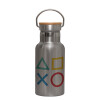 Stainless steel metallic thermos flask, silver with a bamboo lid, double-walled, 350ml.