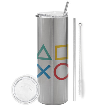 Gaming Symbols, Eco friendly ποτήρι θερμό Ασημένιο (tumbler) από ανοξείδωτο ατσάλι 600ml, με μεταλλικό καλαμάκι & βούρτσα καθαρισμού