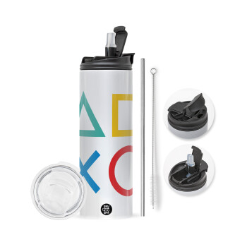 Gaming Symbols, Travel Tumbler 2 Lids, with metal straw & cleaning brush (Stainless steel 304 Food grade, BPA free, 600ml)