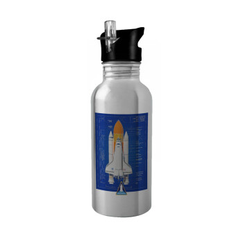 Nasa Space Shuttle, Water bottle Silver with straw, stainless steel 600ml