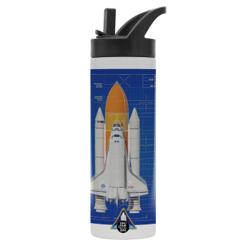 Nasa Space Shuttle, Μεταλλικό παγούρι θερμός με καλαμάκι & χειρολαβή, ανοξείδωτο ατσάλι (Stainless steel 304), διπλού τοιχώματος, 600ml