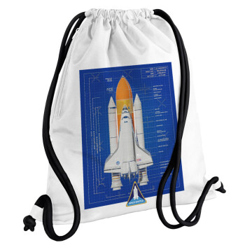Nasa Space Shuttle, Τσάντα πλάτης πουγκί GYMBAG λευκή, με τσέπη (40x48cm) & χονδρά κορδόνια