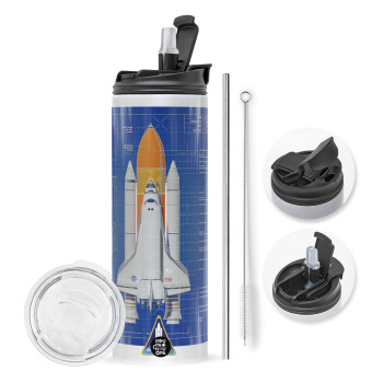 Nasa Space Shuttle, Travel Tumbler θερμό με διπλό καπάκι, μεταλλικό καλαμάκι και βούρτσα καθαρισμού (Ανωξείδωτο 304 Food grade, BPA free, 600ml)