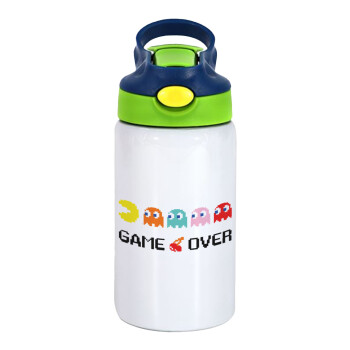 GAME OVER pac-man, Children's hot water bottle, stainless steel, with safety straw, green, blue (350ml)
