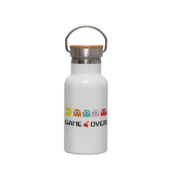 GAME OVER pac-man, Metallic thermos (Stainless steel) White with wooden lid (bamboo), double-walled, 350ml