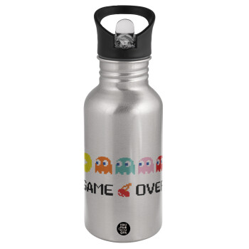 GAME OVER pac-man, Water bottle Silver with straw, stainless steel 500ml