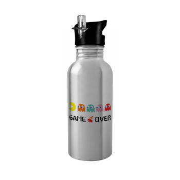 GAME OVER pac-man, Water bottle Silver with straw, stainless steel 600ml