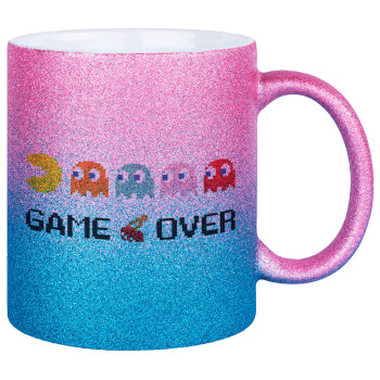 GAME OVER pac-man, Κούπα Χρυσή/Μπλε Glitter, κεραμική, 330ml