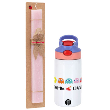 GAME OVER pac-man, Πασχαλινό Σετ, Παιδικό παγούρι θερμό, ανοξείδωτο, με καλαμάκι ασφαλείας, ροζ/μωβ (350ml) & πασχαλινή λαμπάδα αρωματική πλακέ (30cm) (ΡΟΖ)