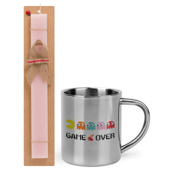 GAME OVER pac-man, Easter Set, metallic thermal cup (300ml) & aromatic flat Easter candle (30cm) (PINK)