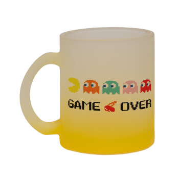 GAME OVER pac-man, Κούπα γυάλινη δίχρωμη με βάση το κίτρινο ματ, 330ml