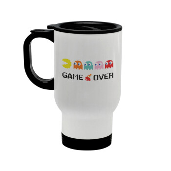 GAME OVER pac-man, Stainless steel travel mug with lid, double wall white 450ml
