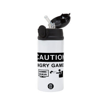 Caution, angry gamer!, Children's hot water bottle, stainless steel, with safety straw, Black (360ml) BPA-FREE