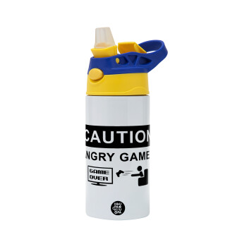 Caution, angry gamer!, Children's hot water bottle, stainless steel, with safety straw, green, blue (360ml) BPA FREE