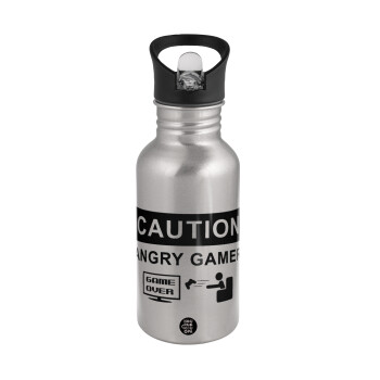 Caution, angry gamer!, Water bottle Silver with straw, stainless steel 500ml