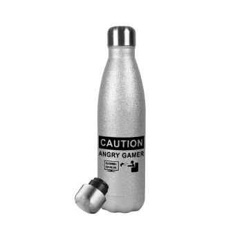 Caution, angry gamer!, Μεταλλικό παγούρι θερμός Glitter Aσημένιο (Stainless steel), διπλού τοιχώματος, 500ml