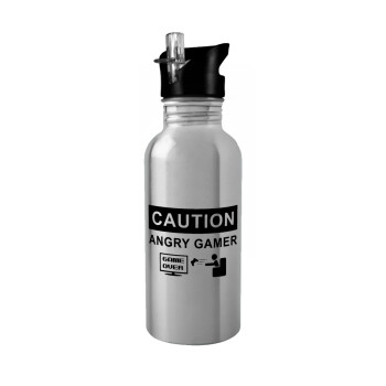 Caution, angry gamer!, Παγούρι νερού Ασημένιο με καλαμάκι, ανοξείδωτο ατσάλι 600ml